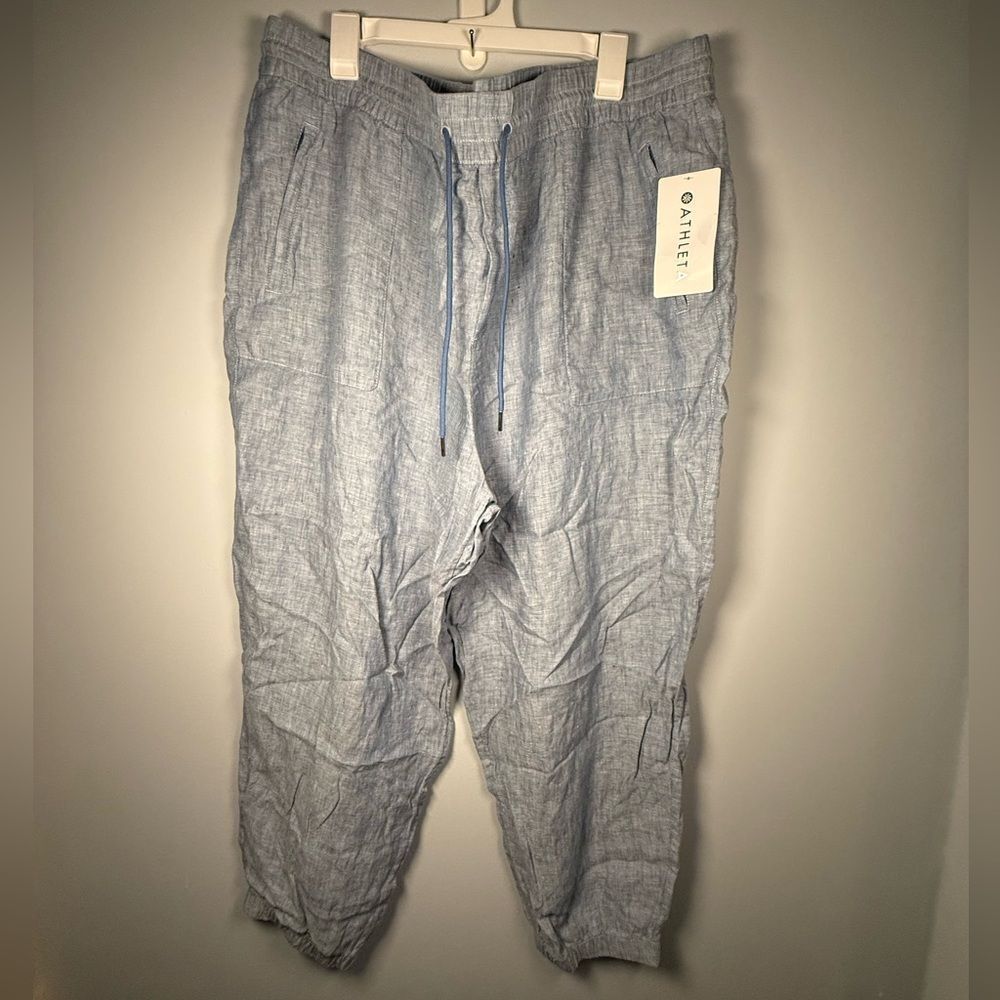 Athleta Jogger Pants Women 24 Plus Blue 100% Linen Pull On Elastic Waist Comfort